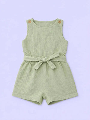 Sage Green Cotton Muslin Romper with Tie Waist – Soft Summer Baby Wear BloomUp