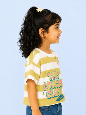 Yellow & White Striped Graphic Kids T-Shirt – Soft Cotton Summer Wear for Girls BloomUp
