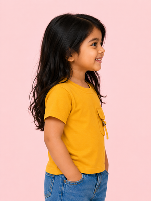 Yellow Pocket Detail T-Shirt for Kids – Soft Cotton Summer Wear Boys & Girls BloomUp