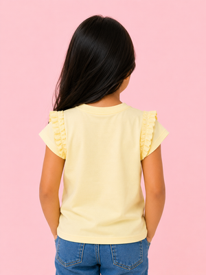 Yellow Flower Applique Kids T-Shirt – Soft Cotton Ruffle Sleeve Summer Wear for Girls BloomUp