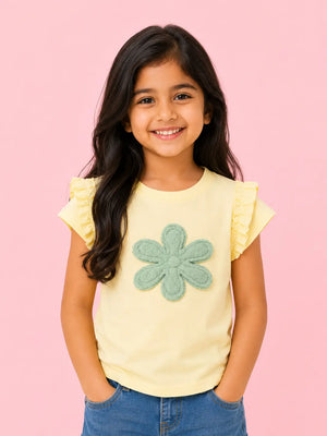 BloomUp Yellow Flower Applique Kids T-Shirt – Soft Cotton Ruffle Sleeve Summer Wear for Girls