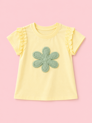 Yellow Flower Applique Kids T-Shirt – Soft Cotton Ruffle Sleeve Summer Wear for Girls BloomUp