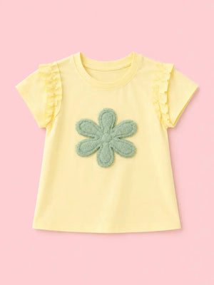 BloomUp Yellow Flower Applique Kids T-Shirt – Soft Cotton Ruffle Sleeve Summer Wear for Girls