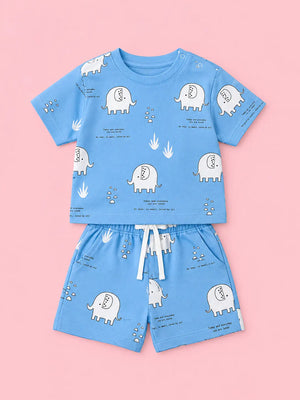 BloomUp Blue Elephant Print Kids Co-ord Set – Soft Cotton Summer Wear for Boys