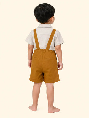 BloomUp Toffee Suspender Shorts with Striped Shirt Kids Co-ord Set – Soft Cotton Summer Outfit for Boys