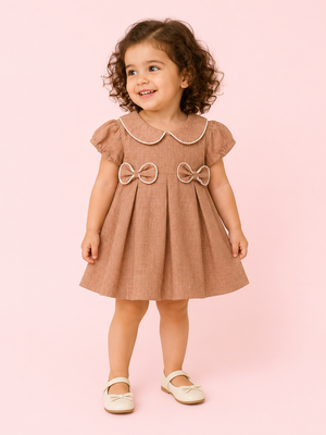 Brown Peter Pan Collar Bow Dress – Elegant Cotton Party Wear for Baby Girls BloomUp
