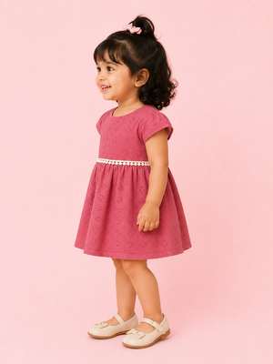 Cherry Red Eyelet Cotton Dress with Pearl Waist Detail – Elegant Summer Wear for Baby Girls BloomUp