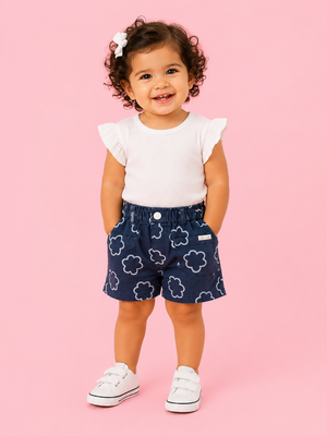 Girls Navy Blue Floral Print Denim Shorts BloomUp