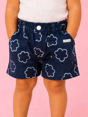 Girls Navy Blue Floral Print Denim Shorts BloomUp