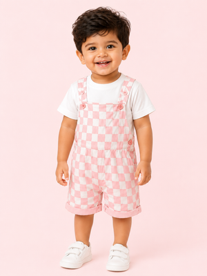 Brown Checkered Dungaree with T-Shirt Kids Co-ord Set – Soft Cotton Summer Outfit for Boys BloomUp