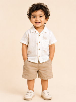 Beige Animal Embroidery Kids Shirt & Shorts Set – Soft Cotton Summer Co-ord Outfit for Boys BloomUp