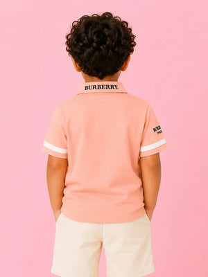BloomUp Peach Polo Collar Kids T-Shirt with Contrast Sleeve Detail – Soft Cotton Smart Casual Summer Wear for Boys