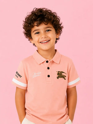 BloomUp Orange Polo Collar Kids T-Shirt with Contrast Sleeve Detail – Soft Cotton Smart Casual Summer Wear for Boys