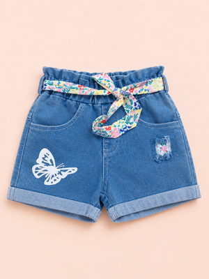 Girls Light Blue Denim Shorts with Butterfly Print & Floral Tie Belt BloomUp