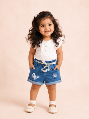 Girls Light Blue Denim Shorts with Butterfly Print & Floral Tie Belt BloomUp