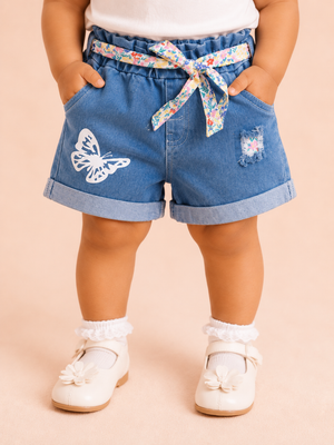 Girls Light Blue Denim Shorts with Butterfly Print & Floral Tie Belt BloomUp