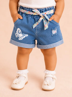 BloomUp Girls Light Blue Denim Shorts with Butterfly Print & Floral Tie Belt
