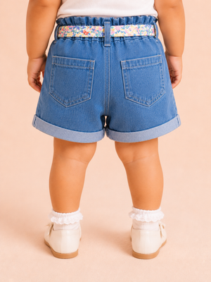 Girls Light Blue Denim Shorts with Butterfly Print & Floral Tie Belt BloomUp