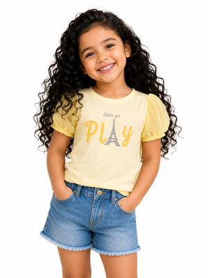 Yellow “Let’s Go Play” Graphic Kids T-Shirt – Soft Cotton Puff Sleeve Summer Wear for Girls BloomUp