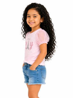 Pink “Let’s Go Play” Graphic Kids T-Shirt – Soft Cotton Puff Sleeve Summer Wear for Girls BloomUp