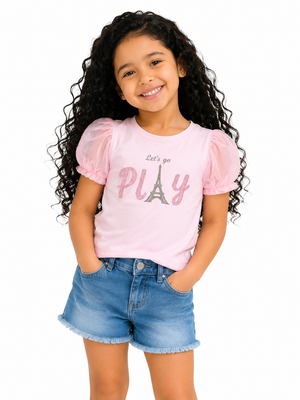 Pink “Let’s Go Play” Graphic Kids T-Shirt – Soft Cotton Puff Sleeve Summer Wear for Girls BloomUp