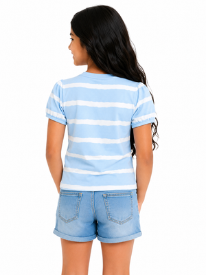 Blue Striped “Cool” Graphic Kids T-Shirt – Soft Cotton Puff Sleeve Summer Wear for Girls BloomUp