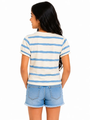 BloomUp Cream & Blue Striped “Cool” Kids T-Shirt – Soft Cotton Puff Sleeve Summer Wear for Girls
