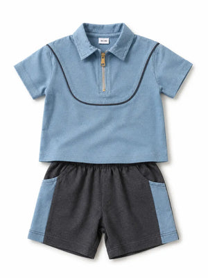 BloomUp Blue Polo T-Shirt & Shorts Set for Boys – Soft Cotton Casual Summer Outfit