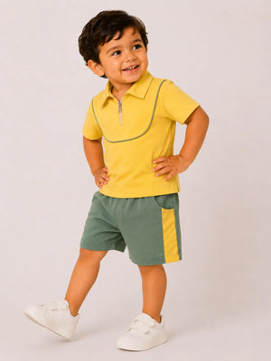 BloomUp Yellow Polo T-Shirt & Shorts Set for Boys – Soft Cotton Casual Summer Outfit