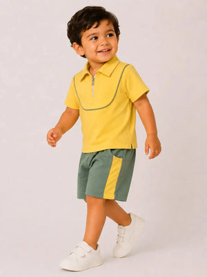 BloomUp Yellow Polo T-Shirt & Shorts Set for Boys – Soft Cotton Casual Summer Outfit