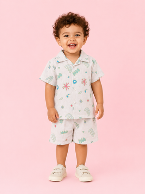 Boys White Printed Shirt And Soft Cotton Clothing Set BloomUp