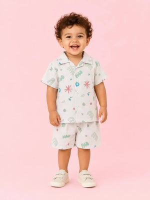 BloomUp Off White Printed Co-ord Set for Boys – Soft Cotton Casual Summer Outfit