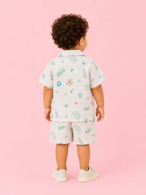 BloomUp Off White Printed Co-ord Set for Boys – Soft Cotton Casual Summer Outfit