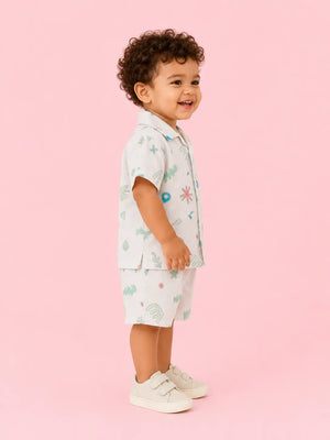 BloomUp Off White Printed Co-ord Set for Boys – Soft Cotton Casual Summer Outfit