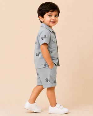 BloomUp Grey Embroidered Co-ord Set for Boys – Soft Cotton Casual Summer Outfit