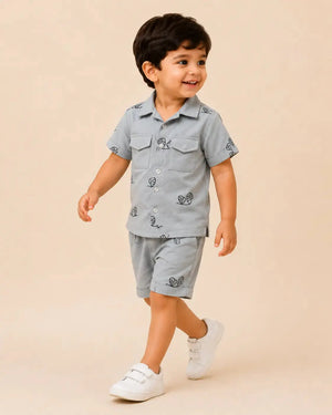 BloomUp Grey Embroidered Co-ord Set for Boys – Soft Cotton Casual Summer Outfit