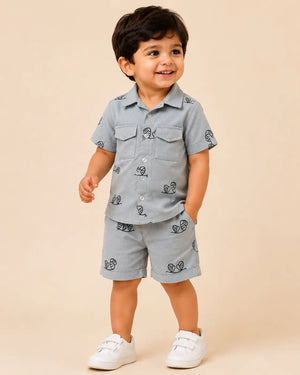 BloomUp Grey Embroidered Co-ord Set for Boys – Soft Cotton Casual Summer Outfit