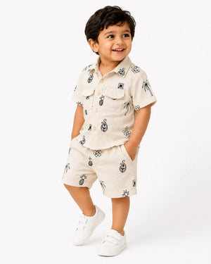 BloomUp Beige Embroidered Co-ord Set for Boys – Soft Cotton Casual Summer Outfit