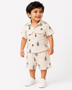 Stylish Boys White Printed Shirt And Soft Cotton Clothing Set BloomUp