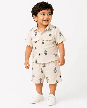 BloomUp Beige Embroidered Co-ord Set for Boys – Soft Cotton Casual Summer Outfit