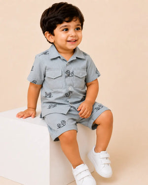 BloomUp Grey Embroidered Co-ord Set for Boys – Soft Cotton Casual Summer Outfit