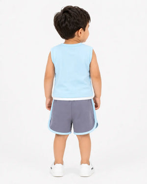 BloomUp Sky Blue Sleeveless T-Shirt & Shorts Set for Boys – Soft Cotton Casual Summer Outfit