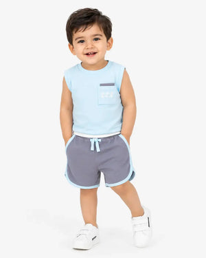 BloomUp Sky Blue Sleeveless T-Shirt & Shorts Set for Boys – Soft Cotton Casual Summer Outfit