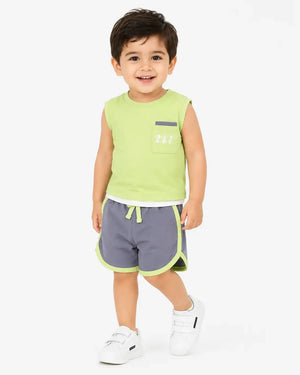 BloomUp Pista Green Sleeveless T-Shirt & Shorts Set for Boys – Soft Cotton Casual Summer Outfit