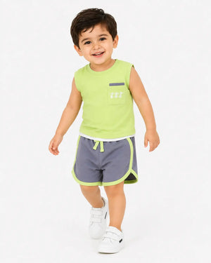 BloomUp Pista Green Sleeveless T-Shirt & Shorts Set for Boys – Soft Cotton Casual Summer Outfit