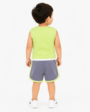 BloomUp Pista Green Sleeveless T-Shirt & Shorts Set for Boys – Soft Cotton Casual Summer Outfit