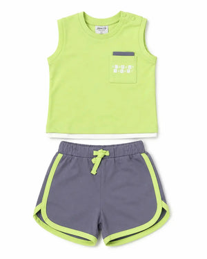 BloomUp Pista Green Sleeveless T-Shirt & Shorts Set for Boys – Soft Cotton Casual Summer Outfit