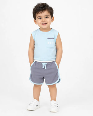 BloomUp Sky Blue Sleeveless T-Shirt & Shorts Set for Boys – Soft Cotton Casual Summer Outfit