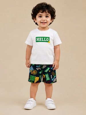 BloomUp White Graphic T-Shirt & Printed Shorts Set for Boys – Soft Cotton Casual Summer Outfit