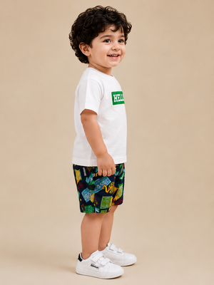 Boys Navy Blue Printed Shorts & Hello T Shirt Set BloomUp